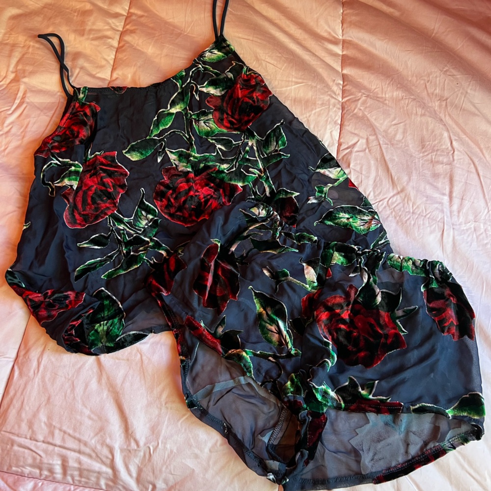 Only Hearts Black and Red Floral Intimates Set